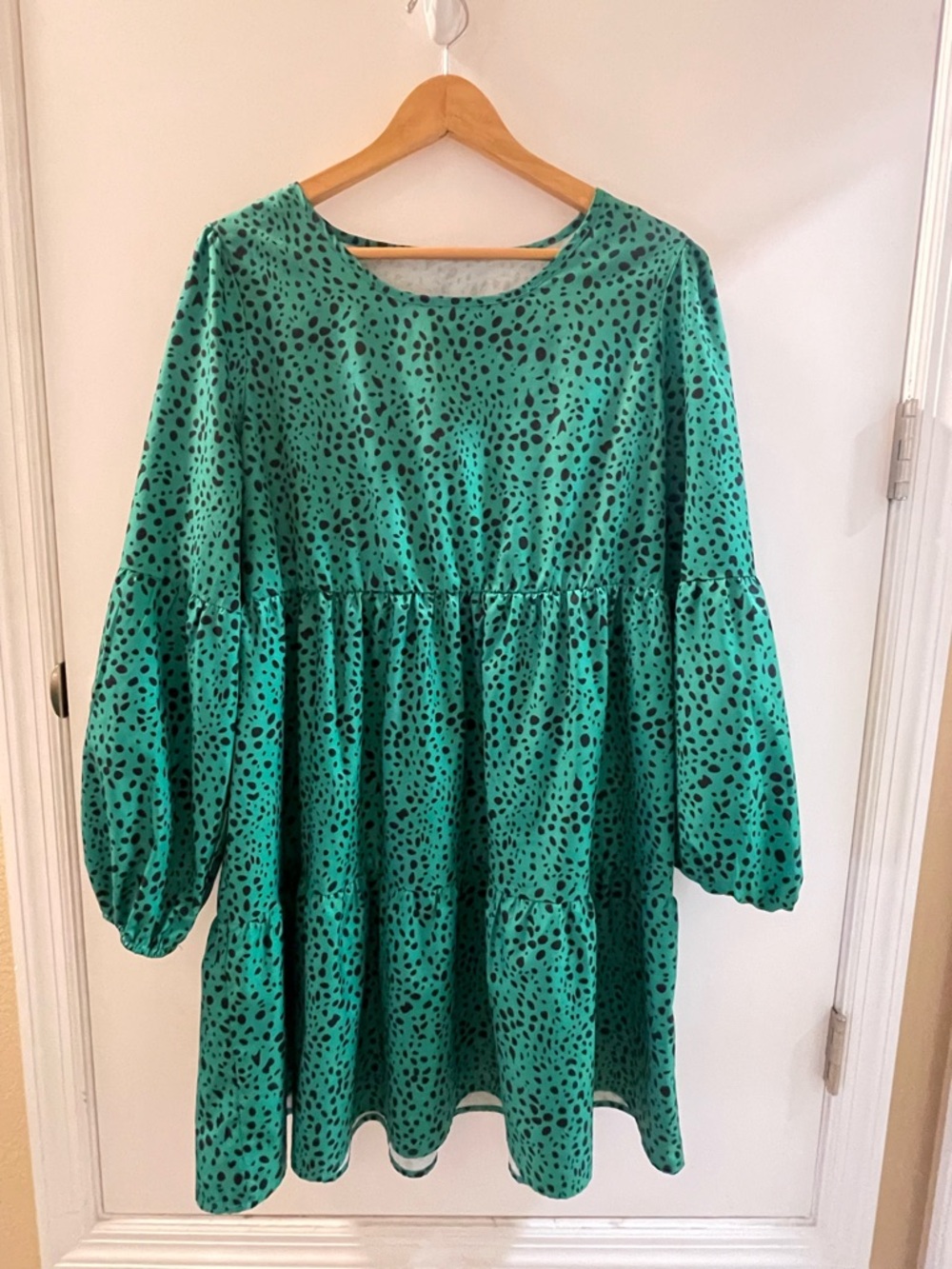 Green Tiered Long Sleeve Smock Dress with Black Spot Print